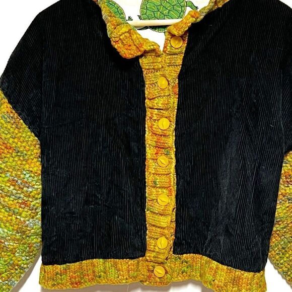 Handmade Cropped Mixed Media Boho Corduroy Crochet Sleeve Turtle Lined Jacket S - Picture 3 of 5